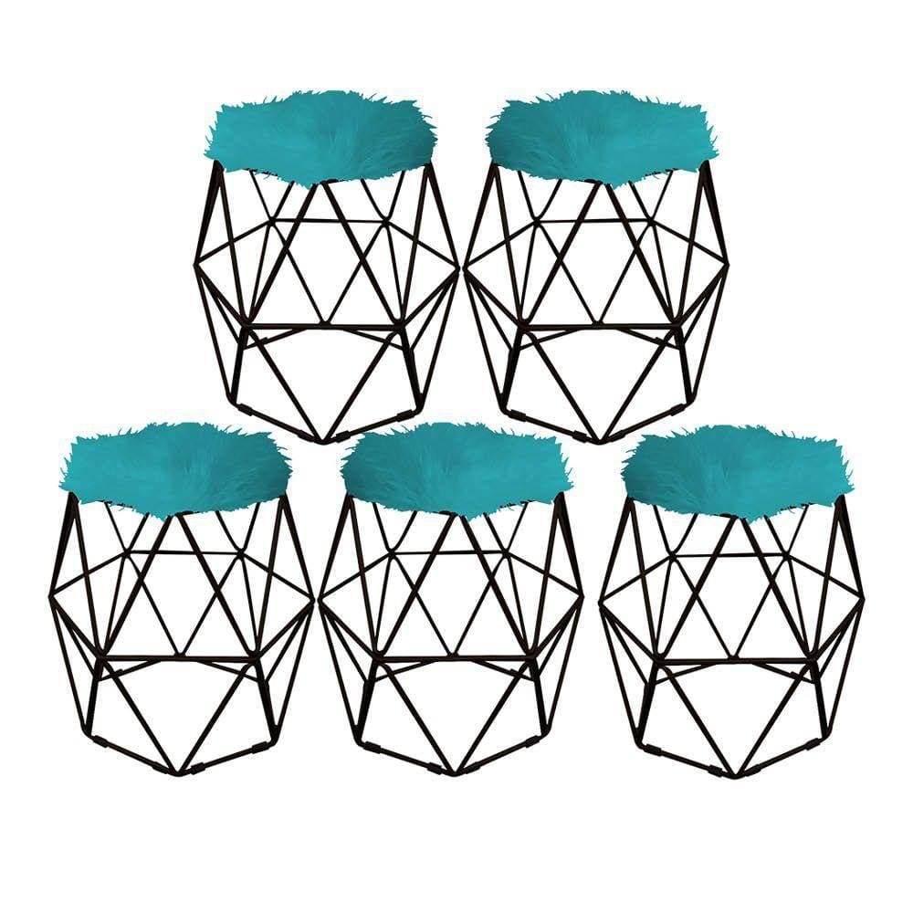 Kit 05 Puff Banqueta Luna Aramado Hexágono Preto Pelúcia Azul Turquesa