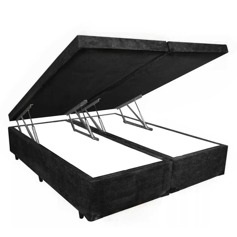 Cama Box Baú King Universal Suede Preto Bipartido Com Pistão A Gás - 193x203x41