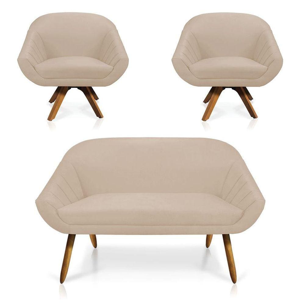 Kit 01 Namoradeira 02 Lugares 02 Poltronas Giratória Giovana Suede Base Madeira Mm30 D`rossi Bege