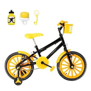 Bicicleta Infantil Masculina Aro 16 Nylon + Kit Passeio Preta e Amarela