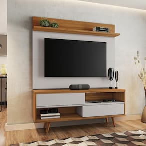 Kit Conjunto Rack Painel Para TV Até 50" 2 Portas 2 Prateleiras Sala Estar Marrom Madeira Off White