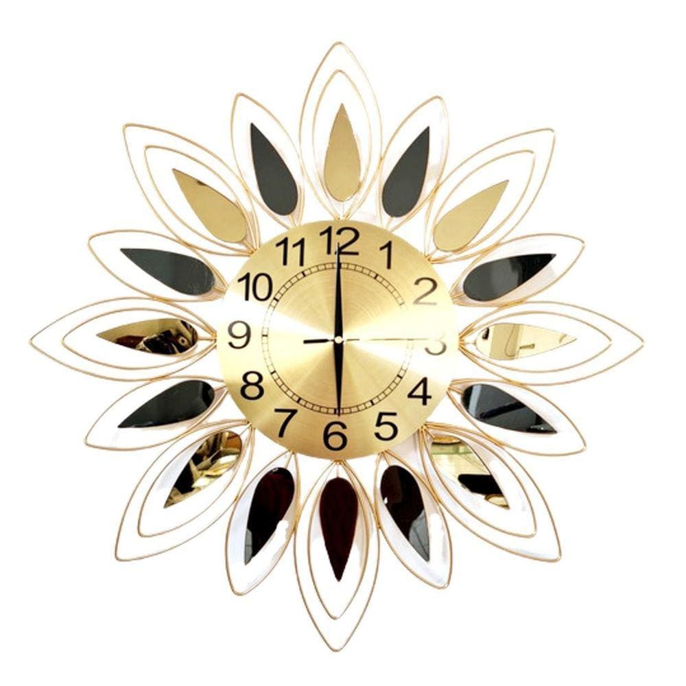 Relógio De Parede Dourado Folhas Espelhadas Metal 60X60