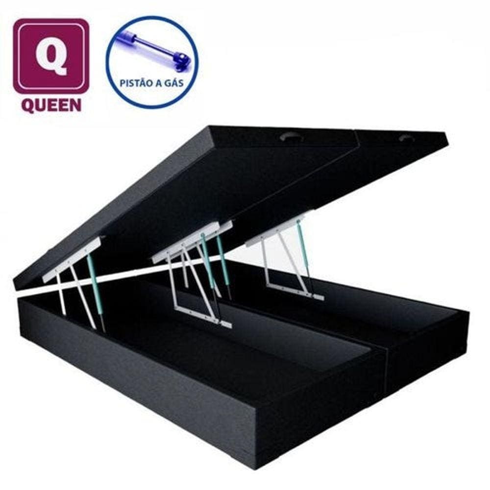 Cama Box Baú Queen size Bi partida em sintético preto com Pistão a gás - 158x198x27