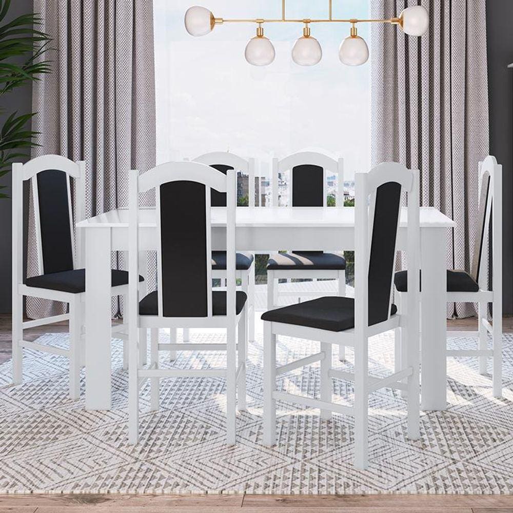 Conjunto Sala De Jantar Mesa Fixa 150x68cm C/ 6 Cadeiras Madeira - Branco/Preto