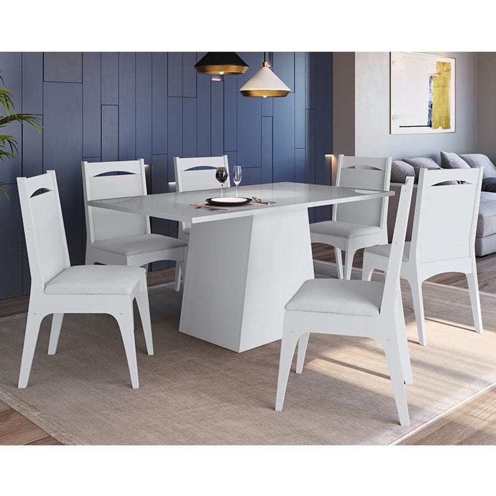 Conjunto Sala Jantar Mesa C/ Base E 6 Cadeiras Mdf Estofadas - Branco