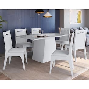 Conjunto Sala Jantar Mesa C/ Base E 6 Cadeiras Mdf Estofadas - Branco