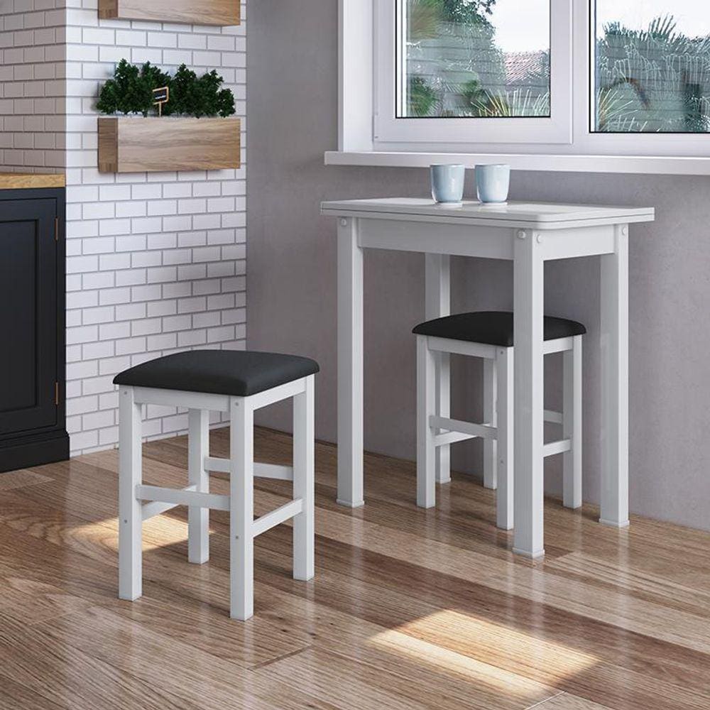 Conjunto Sala Jantar Mesa Dobrável Mdf 4 Banquetas Estofadas - Branco/Preto