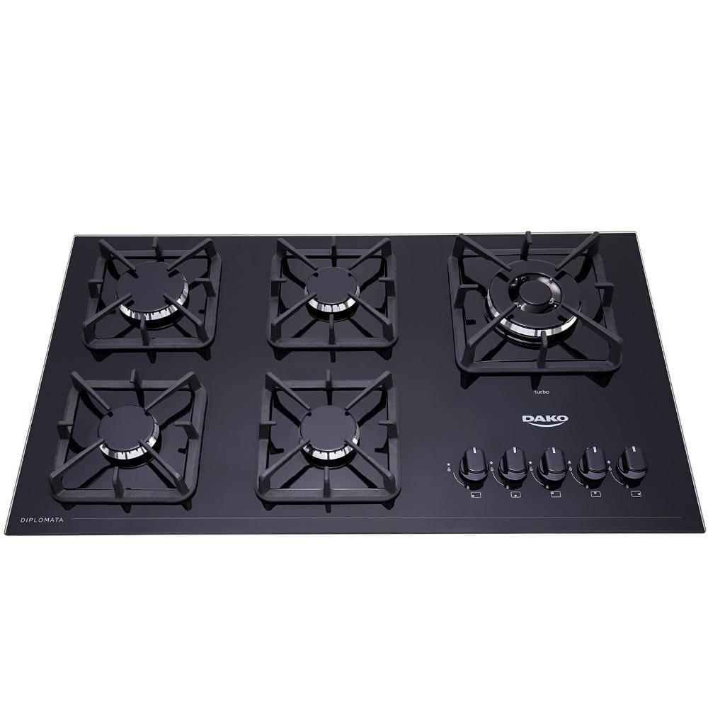 Cooktop a Gás 5 Bocas Preto com Mesa de Vidro e Tripla Chama Dako Diplomata Bivolt