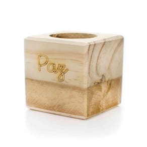 Porta Vela Quadrado De Natal Paz Em Madeira E Dourado 7Cm
