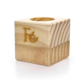 Porta Vela Quadrado Natal Fé Madeira E Dourado 7Cm