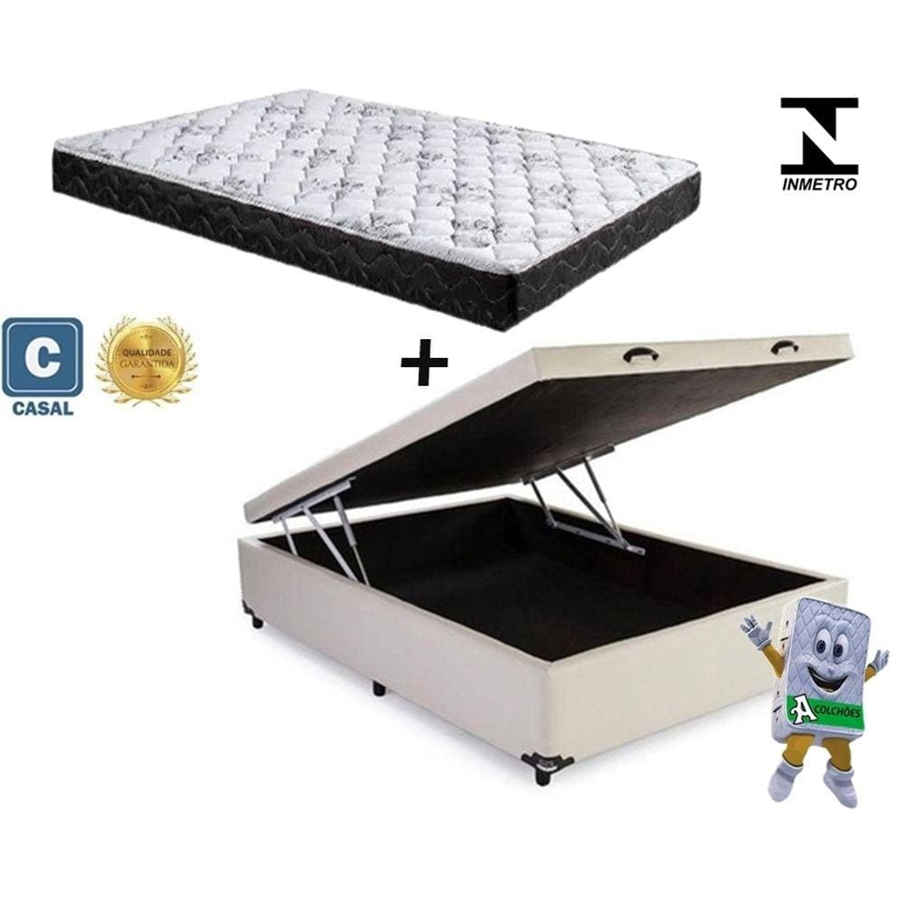 Cama Baú Casal Bege + Colchão Espuma D33 138x188x8