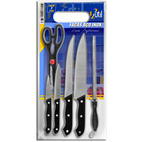 Conjunto de Faca Inox 7 Peças Cabo Preto Tesoura e Chaíra