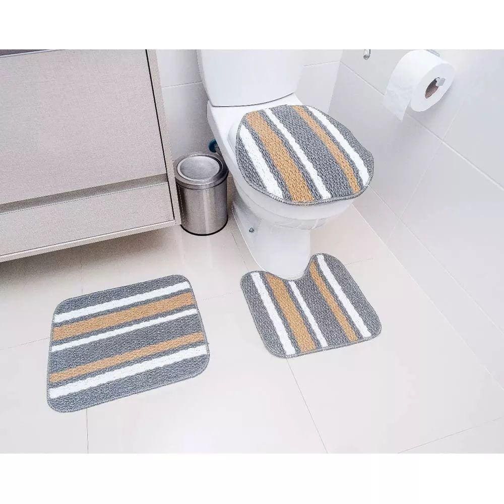 Jogo de Tapetes Para Banheiro Tapetes Junior Onix Pop em Polipropileno Cinza 3 Peças