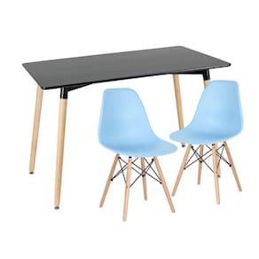 Kit - Mesa De Jantar Retangular Eames 60 X 120 Cm Preto + 2 Cadeiras Eiffel Dsw Azul Claro