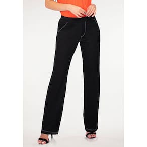 Calça Reta Malha Costura Branca Preta