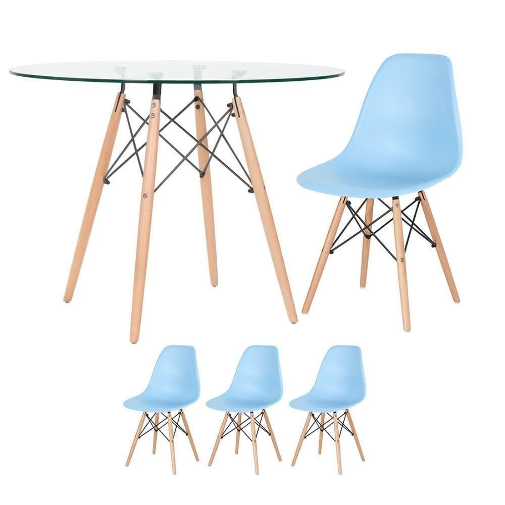 Mesa Redonda Eames Com Tampo De Vidro 100 Cm + 3 Cadeiras Eiffel Dsw Azul Claro