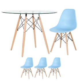 Mesa Redonda Eames Com Tampo De Vidro 100 Cm + 3 Cadeiras Eiffel Dsw Azul Claro