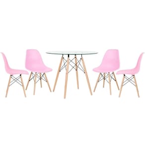 Mesa Redonda Eames Com Tampo De Vidro 90 Cm + 4 Cadeiras Eiffel Dsw Rosa Claro