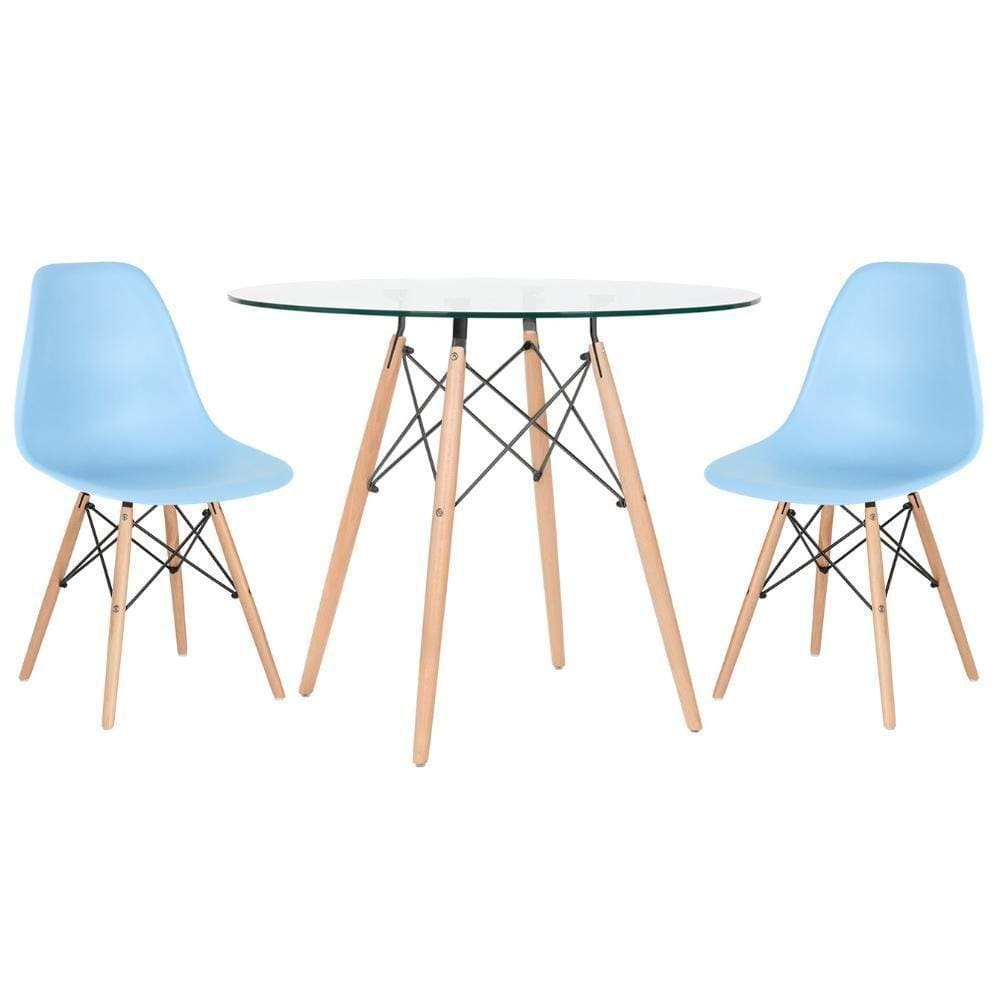 Mesa Redonda Eames Com Tampo De Vidro 90 Cm + 2 Cadeiras Eiffel Dsw Azul Claro