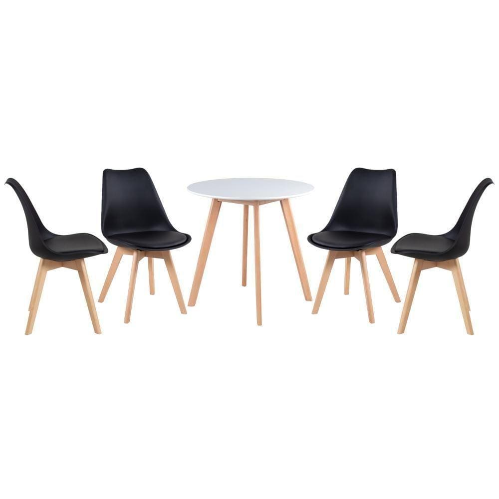 Mesa De Jantar Redonda 70 Cm Branco + 4 Cadeiras Leda Preto