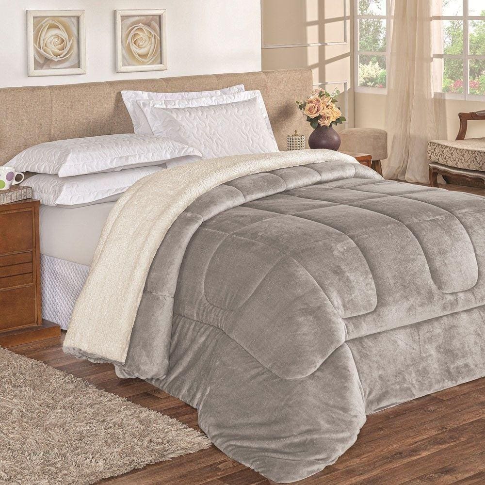Coberdrom Apollo Solteiro Sherpa Manta Flannel Toque Lã De Carneiro 1 Peça - Cinza