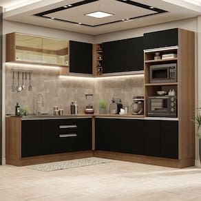 Cozinha Completa de Canto Madesa Glamy 459001 com Armário e Balcão (Sem Tampo e Pia) - Rustic/Preto