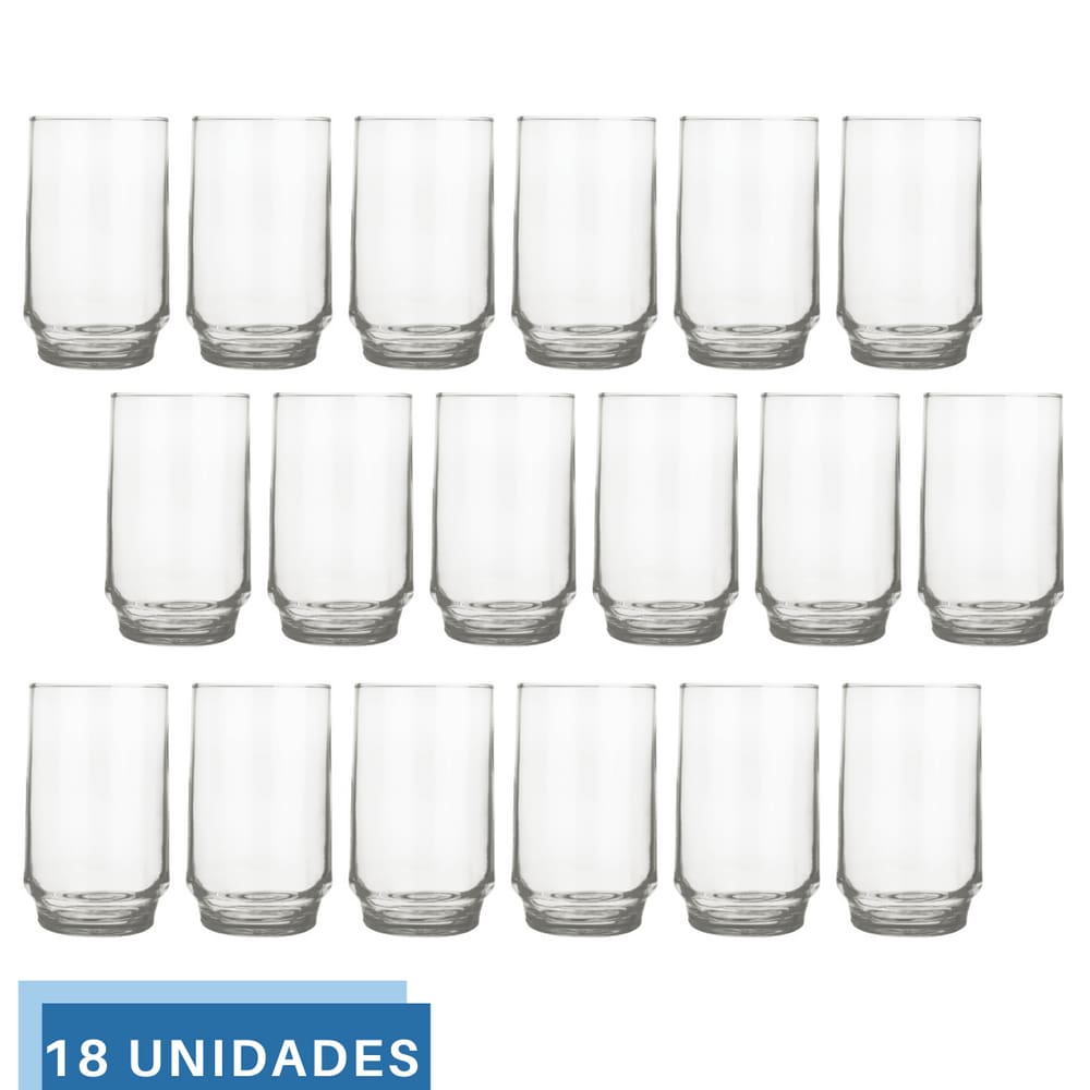 Jogo 18 copo 300ml Vidro Lights Suco Agua Transparente Nadir