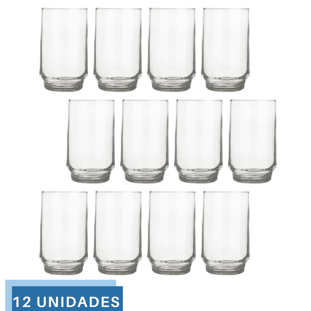 Jogo 12 copo 300ml Vidro Lights Suco Agua Transparente Nadir