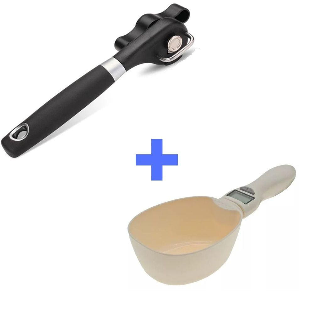 Abridor De Latas Manivela Sem Rebarbas Aço Inox Resistente + Balança Digital Medidor Colher Cozinha Solidos E Liquidos