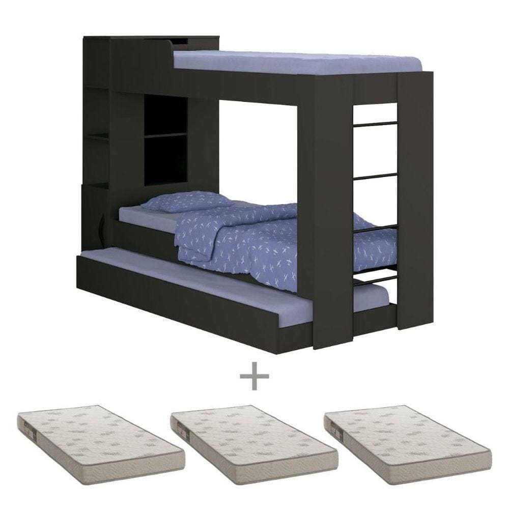 Beliche Cama Aux C/ 3 Colchões Ditália Treliche Cm-15 Preto