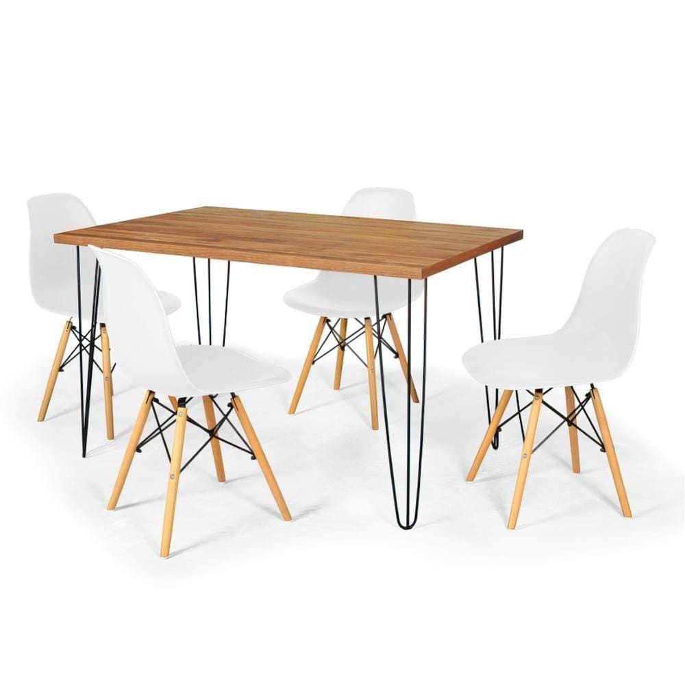Conjunto Mesa De Jantar Hairpin 130x80 Natural Com 4 Cadeiras Eames Eiffel - Branco
