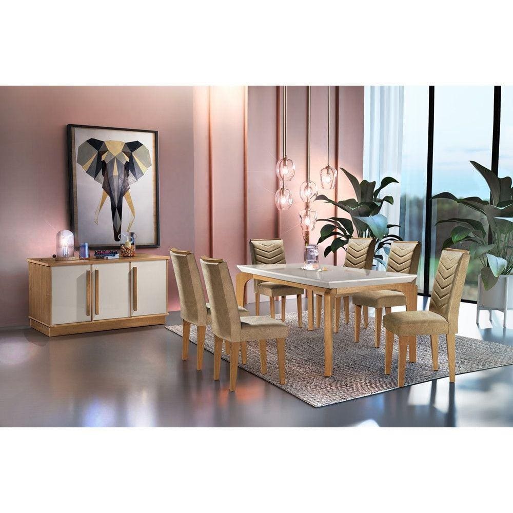 Conjunto Sala de Jantar Liz Tampo MDF Vidro com 6 cadeiras Rufato