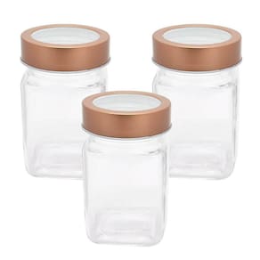 3 Potes De Vidro Quadrado Com Tampa Transparente Cobre 300Ml