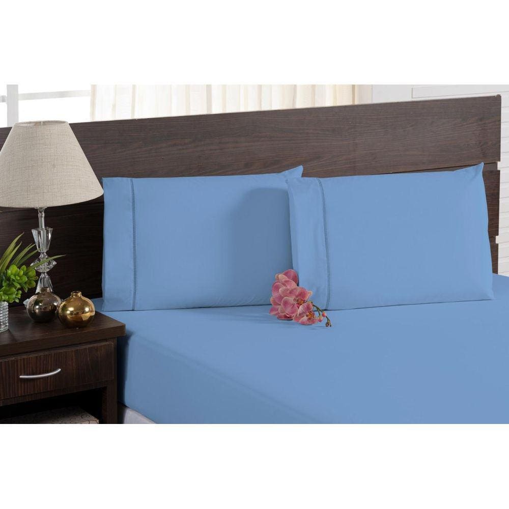 Lençol Macio Para Cama Casal Padrão 100% Algodão Azul