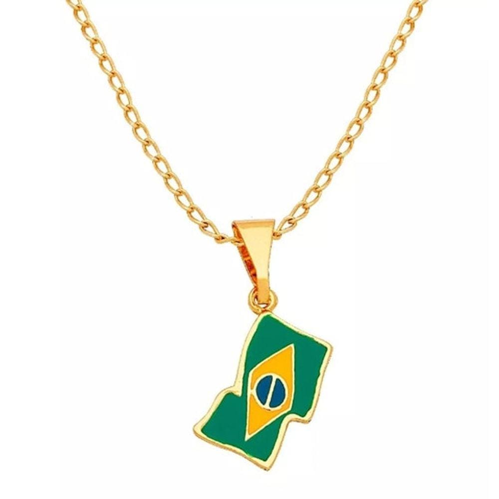 Colar Cordão Bandeira do Brasil Folheado Ouro 18k