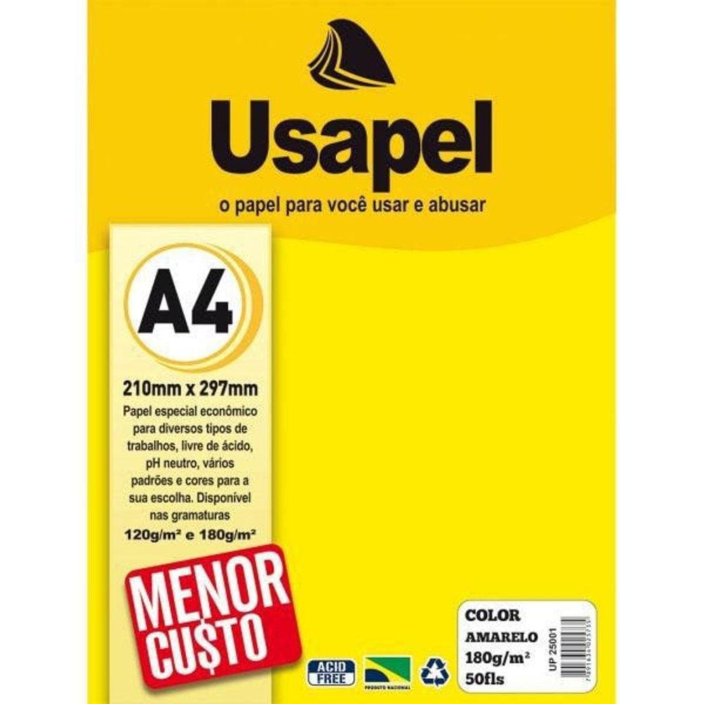 Papel Color A4 180g Amarelo 50 folhas Usapel