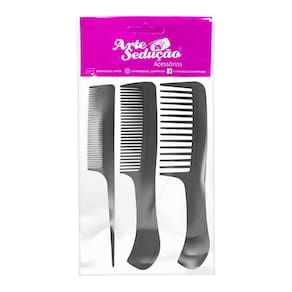 Kit 3 Pentes Plástico Cabelos Pequeno Médio Grande Preto