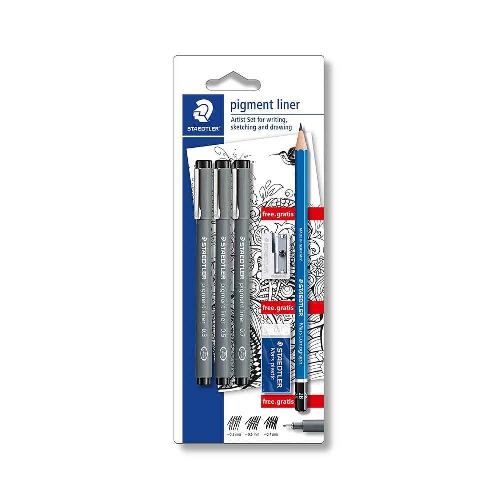 Kit Escrita Staedtler com 3 Canetas Fineliner Pigments, 1 Lápis Grafite, 1 Borracha e Apontador Meta