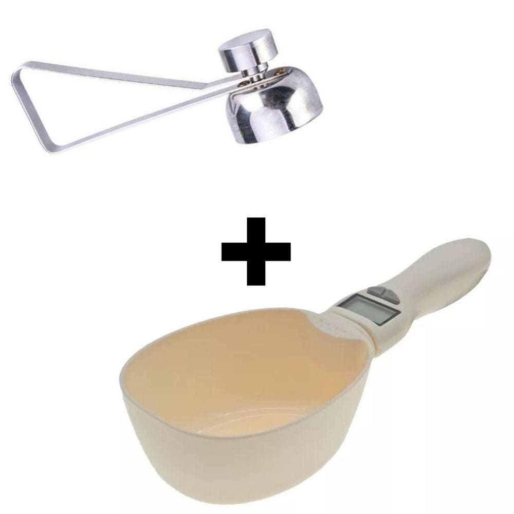 Abridor Cortador De Ovo Cru Cozido Aço Inoxidável + Colher Digital Medidor Dosador Balança Ração Pet Ou Cozinha
