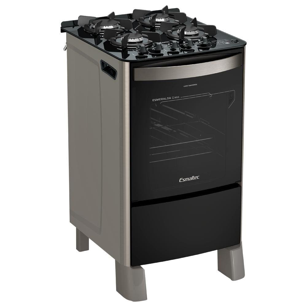 Fogão Esmaltec Esmeralda Glass Gourmet 4 Bocas Inox com Timer Digital e Grill Elétrico