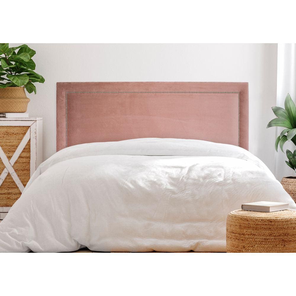 Cabeceira Queen Reta Luxo 160x60 Veludo Rosê - Tachas Prata