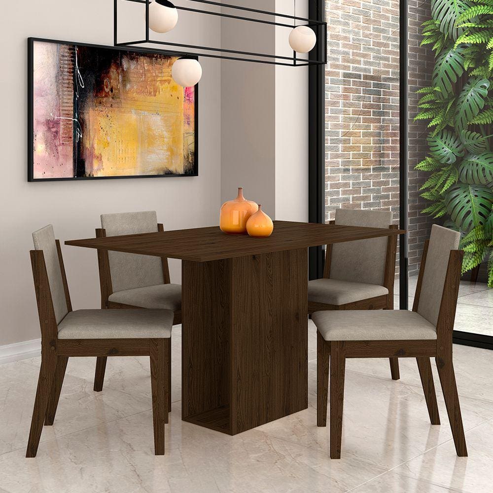 Mesa Com 4 Cadeiras Sala De Jantar Samoa Imbuia/bege- Móveis Arapongas
