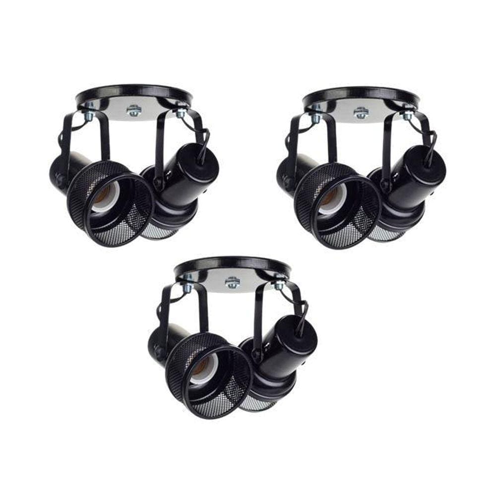 Spot Sobrepor Telinha Duplo Focos Dirigíveis Preto Kit 3 Pçs