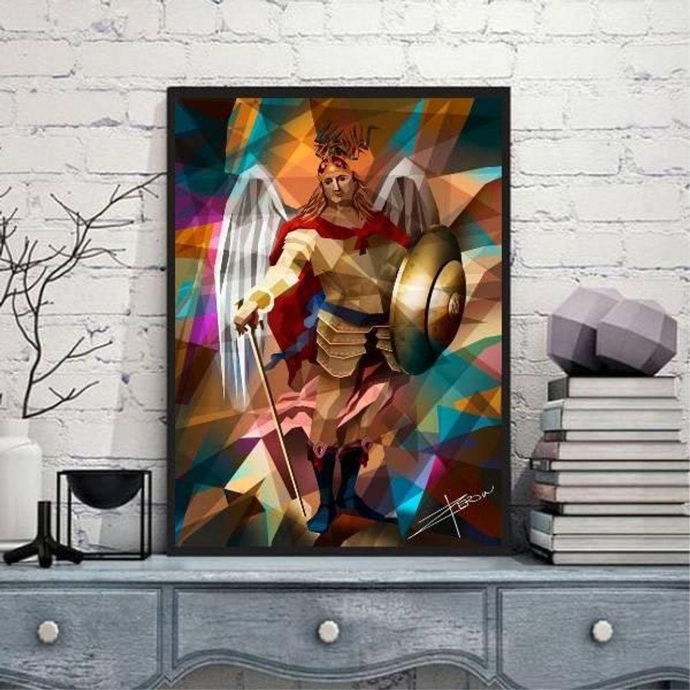 Quadro São Miguel Arcanjo Geométrico 45X34Cm Moldura Preta