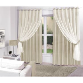 Cortina Creme Sala/Quarto Tecido Com Renda 300 X 270