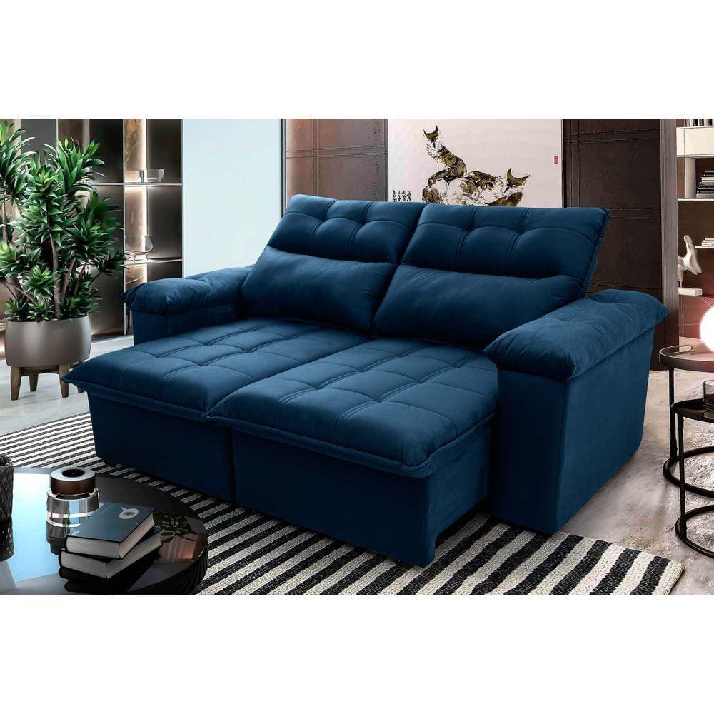 Sofá Retrátil Reclinável Verona 2,00m Suede Velut Azul Marinho c/ Molas no Assento - King House