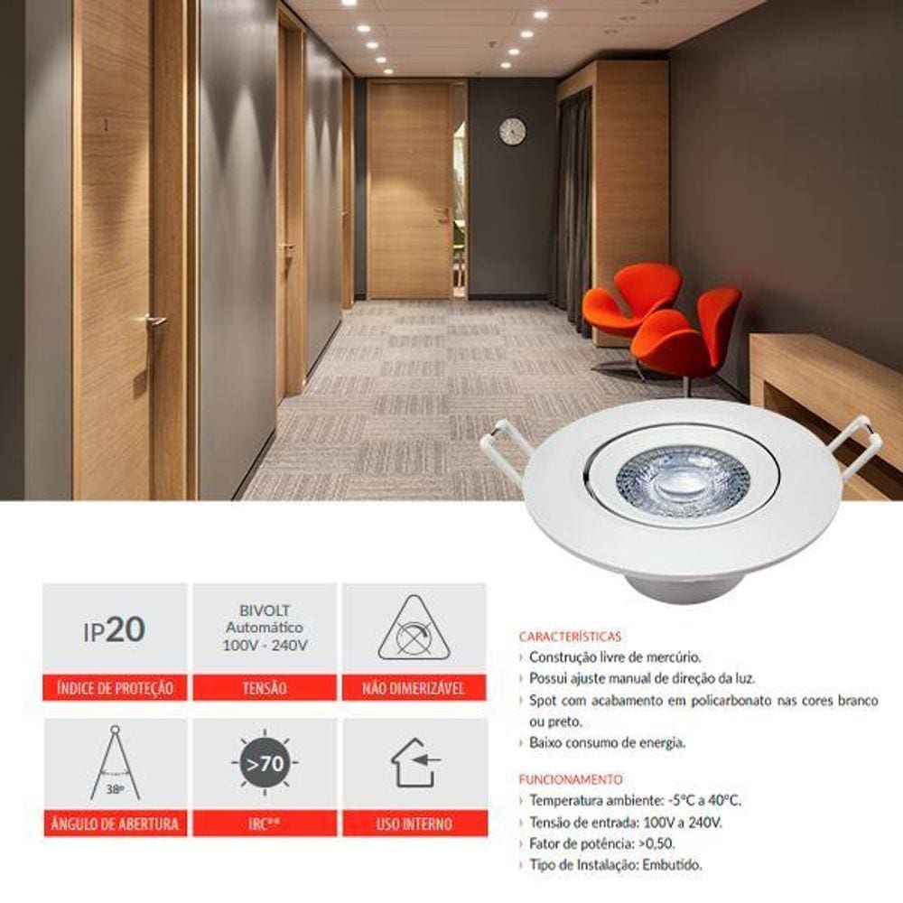 Kit 10 Spot 5w 6500K Led Direcional Embutir Gesso Teto Avant