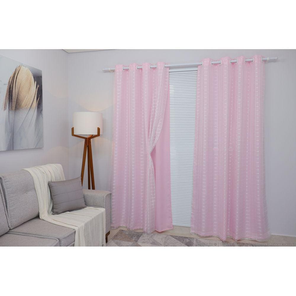 Cortina Oxford Rosa-bebê com Voil Xadrez Sala/Quarto 300x250  - Fabritex