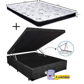 Cama Baú Casal Preto + Colchão Espuma D33 138x188x15