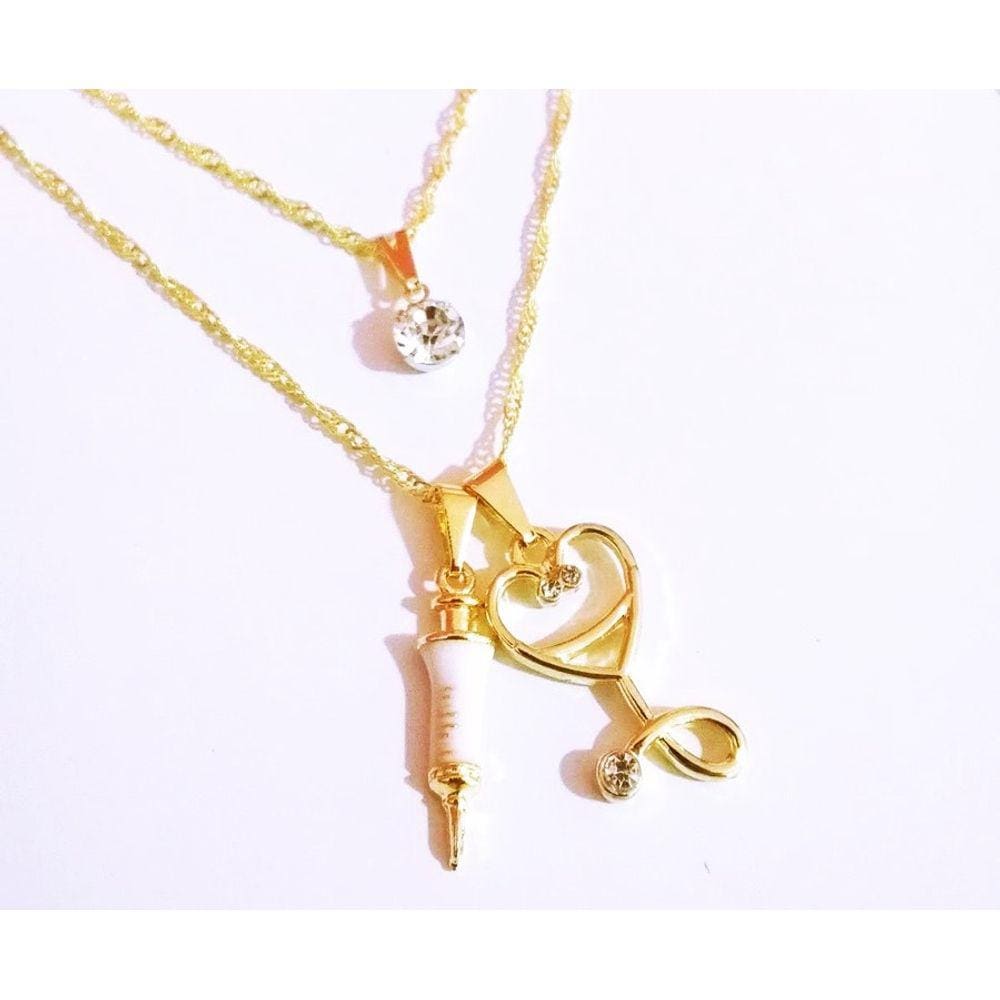 Colar Enfermagem Duplo Esteto e Seringa Folheado A Ouro 18k